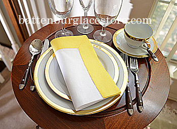 White Hemstitch Dinner Napkin with Aspen Gold border - Click Image to Close